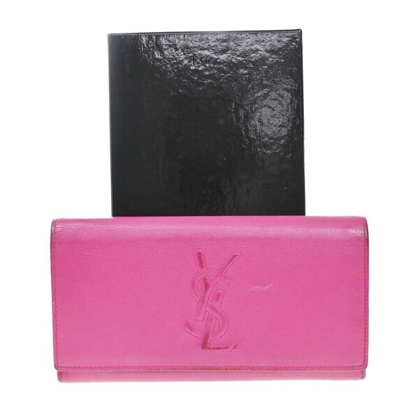 YVES SAINT LAURENT YSL Logo Long Zipper Wallet Leather Pink - Picture 1 of 5